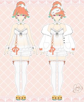 1girl absurdres babydoll bow bow_earrings clothing_cutout commentary detached_collar earrings empire_waist english_commentary frilled_shorts frilled_thighhighs frills full_body fur_jacket green_hair hair_bun hair_flaps heart_cutout highres hololive hololive_english jacket jewelry mask mask_on_head mixed-language_commentary multicolored_hair off_shoulder official_alternate_costume official_alternate_hairstyle official_art orange_hair purple_eyes raora_panthera_(artist) see-through_clothes short_hair shorts signature single_hair_bun sleep_mask slippers spaghetti_strap swept_bangs takanashi_kiara takanashi_kiara_(cozy) thighhighs two-tone_hair variations virtual_youtuber white_babydoll white_jacket white_shorts white_thighhighs