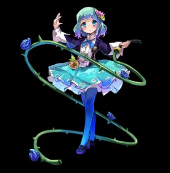 aqua_eyes aqua_skirt black_background black_shoes blue_flower blue_hair blue_pantyhose blue_rose blush closed_mouth collared_shirt flat_chest flower full_body gradient_hair hair_flower hair_ornament hand_up high_heels highres holding holding_whip jacket long_sleeves merc_storia merc_storia_art_team multicolored_hair official_art olga_(merc_storia) open_clothes open_jacket pantyhose pink_hair purple_jacket reverse_grip rose shirt shoes sidelocks simple_background skirt solo standing tachi-e tareme whip white_shirt