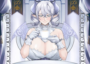 1girl breasts chair cleavage closed_mouth commentary_request cup demon_girl demon_horns demon_wings dress drill_hair duel_monster earrings eyelashes gloves grey_eyes grey_hair highres holding holding_cup horns huge_breasts jewelry lovely_labrynth_of_the_silver_castle no10_direct pointy_ears sitting smile solo strapless strapless_dress table transparent_wings twin_drills upper_body white_dress white_gloves white_wings wings yu-gi-oh!