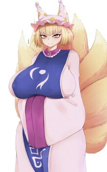 1girl absurdres alternate_breast_size_(larger) animal_ear_headwear animal_hat arms_under_breasts blonde_hair blue_tabard breasts clenched_teeth commentary covered_erect_nipples curvy dress english_commentary eyeshadow fake_animal_ears fangs fox_girl fox_tail frilled_hat frills hands_in_opposite_sleeves hat highres huge_breasts kitsune kyuubi long_sleeves looking_at_viewer makeup miko_yu&#039;rei mob_cap multiple_tails ofuda ofuda_on_clothes red_eyeshadow short_hair simple_background slit_pupils solo tabard tail teeth touhou twitter_username white_background white_dress white_hat wide_sleeves yakumo_ran yellow_eyes