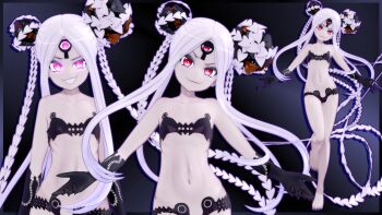 1girl 3d abigail_williams_(fate) abigail_williams_(swimsuit_foreigner)_(fate) bikini black_bikini black_one-piece_swimsuit blonde_hair elbow_gloves fate/grand_order fate_(series) flat_chest gloves glowing glowing_eyes grin gs-mantis highres keyhole long_hair one-piece_swimsuit pale_skin panties red_eyes smile swimsuit underwear