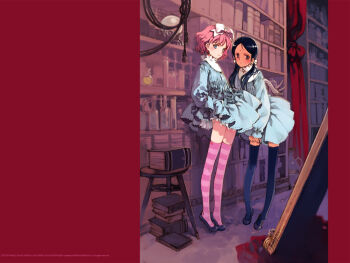 2girls aria_vancleef bindi black_hair black_thighhighs blue_eyes blush book bottle bow bow_legwear clothes_lift curtains dark-skinned_female dark_skin dress dress_lift facial_mark flat_chest forehead_mark hair_bow kaya_xavier leaning_forward legs library littlewitch loli long_hair multiple_girls official_art official_wallpaper ooyari_ashito orb panties panty_peek pink_hair pink_thighhighs purple_eyes sexually_suggestive shoes short_dress short_hair shoujo_mahou_gaku_littlewitch_romanesque side-tie_panties standing stool striped_clothes striped_legwear striped_thighhighs thighhighs tiptoes turtleneck twintails underwear zettai_ryouiki