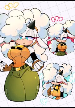 1girl animal_ears bell blue_eyes blush breasts cargo_pants clenched_hands closed_eyes curvy fingerless_gloves fluffy furry furry_female gloves grid_background horns lanolin_the_sheep large_breasts looking_down multiple_views narrowed_eyes pants sega sheep_ears sheep_girl sheep_horns simple_background sonic_(series) sonic_the_hedgehog_(idw) twintails white_fur wool