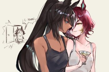3girls :d animal_ears blue_eyes chibi cocktail_glass collarbone commentary_request cup dark-skinned_female dark_skin door drinking_glass eyepatch heads_together hgrao highres holding holding_cup horse_ears horse_girl long_hair multiple_girls open_mouth opening_door ponytail red_hair short_hair smile speech_bubble symboli_kris_s_(umamusume) tanino_gimlet_(umamusume) umamusume upper_body vodka_(umamusume) walk-in white_streaks yellow_eyes yuri