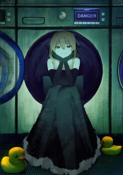 Rule 34 | 1girl, absurdres, black bow, black bowtie, black dress, blonde hair, bow, bowtie, commentary request, dress, elbow gloves, evil smile, fur-trimmed dress, fur trim, gloves, green eyes, hair ribbon, hands on own cheeks, hands on own face, highres, in washing machine, maka albarn, piyo main, ribbon, rubber duck, sitting, smile, solo, soul eater, twintails, washing machine