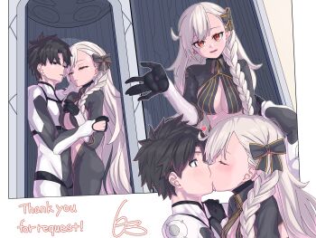 1boy 1girl black_bodysuit black_bow black_hair bodysuit bow braid breasts closed_eyes clothing_cutout collared_shrug commentary_request commission cramped english_text eyelashes fate/grand_order fate_(series) fujimaru_ritsuka_(male) fujimaru_ritsuka_(male)_(chaldea_combat_uniform) hair_bow hand_on_another's_arm hand_on_another's_shoulder heart high_collar highres kiss large_breasts light_blush long_braid long_hair looking_at_another looking_at_viewer multiple_views navel niwaikanai olga_marie_animusphere orange_eyes parted_bangs parted_lips short_hair shrug_(clothing) side_braid skeb_commission u-olga_marie u-olga_marie_(second_ascension) very_long_hair white_hair wing_collar