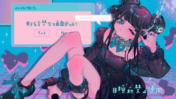 1girl bare_shoulders black_dress black_hair black_shoes blue_background blue_eyes blue_nails breasts cigarette computer_mouse cursor detached_sleeves double_bun dress eyelashes frills goth_fashion gothic_lolita hair_bun highres internet lolita_fashion long_sleeves microsoft_windows nail_polish one_eye_closed original reyuchan0 shoes sidelocks sleeveless small_breasts smoking solo teeth thighs wrist_cuffs
