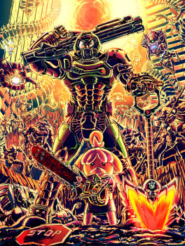 animal_crossing blood cacodemon chainsaw city crossover cyberdemon doom_(series) doom_eternal doom_i doomguy everyone gun highres isabelle_(animal_crossing) monster nintendo pain_elemental substance20 weapon