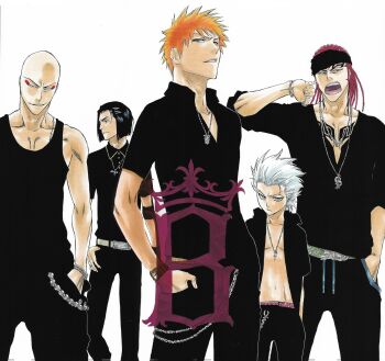 Rule 34 | 5boys, abarai renji, ayasegawa yumichika, bald male, bare shoulders, belt, black pants, bleach, braid, brown eyes, chain, chain bracelet, chain necklace, collarbone, green eyes, hair ornament, hairclip, hands in pockets, headband, hitsugaya toushirou, jacket, jewelry, kubo tite, kurosaki ichigo, madarame ikkaku, medium hair, multiple boys, navel, necklace, official art, open clothes, open jacket, orange hair, pants, red hair, second-party source, short hair, simple background, spiked hair, standing, stomach, tank top, watch, white background, white hair