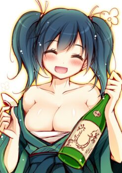 10s 1girl alcohol animated animated_png bare_shoulders blush bottle bouncing_breasts breasts cleavage closed_eyes drunk female_focus hair_ribbon kantai_collection large_breasts long_hair open_clothes open_mouth ribbon sake sake_bottle sarashi smile solo souryuu_(kancolle) twintails ugoira