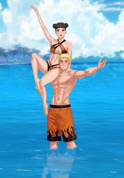 1boy 1girl absurdres amenoosa barefoot black_hair blonde_hair blush bra breasts highres naruto_(series) naruto_shippuuden ocean panties short_hair swimsuit tenten_(naruto) underwear uzumaki_naruto