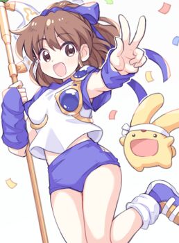 1girl :d arle_nadja blue_bow blue_buruma blue_shoes blush bow breasts brown_hair buruma carbuncle_(puyopuyo) cowboy_shot holding holding_staff leg_up long_hair looking_at_viewer madou_monogatari open_mouth puyopuyo shirt shoes short_sleeves simple_background small_breasts smile socks staff standing standing_on_one_leg suzuno_(suzuno3110) white_background white_shirt white_socks