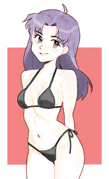 Rule 34 | 1girl, ahoge, alt text, arms behind back, bikini, black bikini, breasts, commentary, curvy, effy neprin, english commentary, katsuragi misato, long hair, looking at viewer, medium breasts, navel, neon genesis evangelion, paid reward available, purple hair, scar, scar on chest, side-tie bikini bottom, smile, solo, stomach, string bikini, swimsuit, thong, thong bikini, wide hips