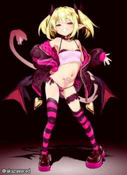 1girl akazawa_red blonde_hair breasts collar demon_girl demon_wings earrings highres jewelry navel original pointy_ears pubic_tattoo red_eyes small_breasts tail tattoo twintails wings