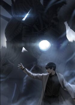 1boy black_hair black_shirt blackbox_(blackbox9158) blood blood_from_mouth blood_on_face coat cowboy_shot giant highres hole_in_chest hole_on_body kim_dokja kim_namwoon lens_flare light_particles official_art omniscient_reader&#039;s_viewpoint open_clothes open_coat open_mouth robot shirt short_hair third-party_source white_coat