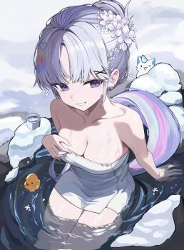1girl :d absurdres ayatsuno_yuni breasts cleavage commentary curtained_hair english_commentary grey_hair grin hair_bun hair_ornament hairclip hand_up highres kkato large_breasts looking_at_viewer naked_towel onsen open_mouth outdoors partially_submerged purple_eyes rubber_duck short_hair single_hair_bun sitting smile snow solo stellive towel virtual_youtuber water x_hair_ornament