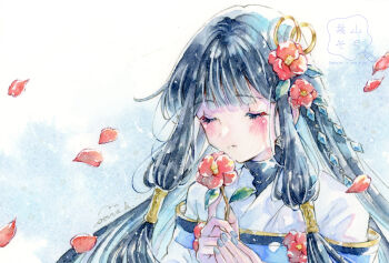 Rule 34 | 1girl, blush, camellia, closed eyes, commentary request, flower, hair flower, hair ornament, hayamasora, highres, holding, holding flower, japanese clothes, kimono, long hair, original, painting (medium), petals, red flower, sidelocks, signature, solo, traditional media, watercolor (medium)