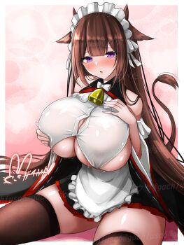 1girl animal_ears apron azur_lane bare_shoulders bell black_skirt blush bow breasts brown_hair brown_thighhighs button_gap commentary_request cow_ears cow_girl cow_horns cow_tail cowbell hand_on_own_chest hisin horns huge_breasts kashino_(azur_lane) long_hair looking_at_viewer maid maid_headdress official_alternate_costume purple_eyes signature sitting skindentation skirt solo tail thick_thighs thighhighs thighs underboob very_long_hair watermark