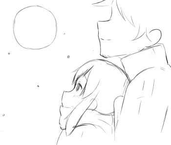 1boy 1girl closed_mouth faceless faceless_male from_side greyscale k-on! long_hair looking_up madmex monochrome moon nakano_azusa scarf short_hair sketch sky smile star_(sky) sweater twintails