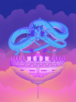 3d animal animated animated_gif building cel_shading cloud cloudy_sky commentary dragon dragon_ball dragon_ball_(classic) dragon_ball_super dragonball_z emma_koch english_commentary floating glowing glowing_eyes gradient_sky horns kami&#039;s_lookout looping_animation no_humans no_pupils orange_sky outdoors palm_tree red_eyes scenery see-through_clothes sharp_teeth shenron_(dragon_ball) sky stairs surudenise teeth tree whiskers