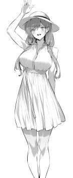 1girl armpits bare_shoulders breasts collarbone dress greyscale hand_up hat highres hiiragi_yuuichi large_breasts long_hair monochrome open_mouth original partially_unbuttoned sleeveless sleeveless_dress solo sun_hat sundress