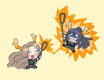 Rule 34 | > <, 1boy, 1girl, :3, :d, ^ ^, antlers, black bodysuit, black hair, blush stickers, bodysuit, brown hair, clenched teeth, closed eyes, commentary, high ponytail, highres, holding, holding staff, hong lu (project moon), horns, limbus company, long hair, negi 0002, open mouth, parted bangs, ponytail, project moon, r corp. (identity) (project moon), reindeer antlers, rodion (project moon), smile, staff, symbol-only commentary, teeth, very long hair