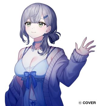 1girl babydoll blue_babydoll blue_choker breasts cardigan cardigan_partially_removed choker cleavage closed_mouth commentary_request copyright_name double-parted_bangs front_slit green_eyes grey_hair hair_ornament hair_rings hairclip hand_up hell_fuuna highres hololive jewelry large_breasts light_smile looking_at_viewer low_side_ponytail medium_hair navel necklace official_alternate_costume official_alternate_hairstyle official_art shirogane_noel shirogane_noel_(9th_costume) simple_background single_hair_ring smile solo virtual_youtuber white_background white_cardigan