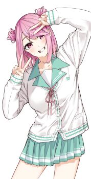 1girl absurdres aqua_skirt commentary_request cowboy_shot double_v grin hands_up highres kamagaya_momoka kamikakushi_no_eden long_sleeves looking_at_viewer neck_ribbon pink_eyes pink_hair pink_ribbon pleated_skirt ribbon sahara386 school_uniform shirt short_hair simple_background skirt smile solo v white_background white_shirt
