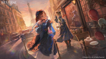 Rule 34 | 3girls, absurdres, armor, backlighting, balloon, black coif, black hat, black pants, black skirt, blonde hair, blue coat, blue neckerchief, blue shirt, brick floor, brume (reverse:1999), car, chair, chinstrap, coat, commentary, coppelia (reverse:1999), copyright name, copyright notice, cup, different reflection, dutch angle, eiffel tower, english commentary, english text, european architecture, evening, felicienne (reverse:1999), food, frilled straps, green eyes, hat, highres, holding, holding food, lens flare, logo, long skirt, looking to the side, macaron, mechanical arms, medium hair, motor vehicle, multiple girls, neckerchief, newsboy cap, off shoulder, official art, orange sky, outdoors, pants, paris, plate, prosthesis, prosthetic arm, reflection, reverse:1999, road, saucer, shirt, shoulder armor, single bare shoulder, single mechanical arm, single off shoulder, skirt, sky, stone floor, street, table, tank top, teacup, walking, white tank top, window