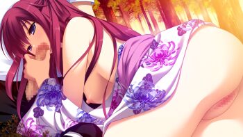 1boy 1girl all_fours ass bare_shoulders blue_eyes breasts censored clothes_lift cowboy_shot dutch_angle elbow_rest erection eyebrows_hidden_by_hair faceless faceless_male fellatio forest from_behind fumio_(ura_fmo) game_cg grisaia_(series) grisaia_no_kajitsu hair_between_eyes hair_rings half-closed_eyes handjob hanging_breasts head_out_of_frame japanese_clothes kazami_yuuji kimono kimono_lift kimono_pull large_breasts light_blush long_hair looking_to_the_side mosaic_censoring nature nipples no_bra no_panties non-web_source obi official_art on_grass open_fly oral out_of_frame outdoors penis penis_out pink_sash print_kimono puffy_nipples pussy raised_inner_eyebrows red_hair sash sidelocks sparkling_eyes suou_amane thick_eyelashes thighs tree very_long_hair waist_sash white_kimono
