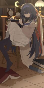 1girl absurdres black_hair black_pantyhose blue_archive book bookshelf brown_cardigan cardigan chair clock commentary_request cup hair_between_eyes hairband highres holding holding_book indoors jewelry lamp lampshade library long_hair looking_at_viewer low_twintails neckerchief necklace no_shoes on_chair pantyhose purple_hairband purple_neckerchief sailor_collar school_uniform serafuku sitting skirt solo twintails ui_(blue_archive) undershirt white_sailor_collar white_serafuku white_skirt zizhucan