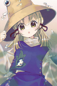 Rule 34 | 1girl, :o, blonde hair, blunt ends, blush, brown hat, commentary request, cowboy shot, green eyes, hair ribbon, hat, highres, katsuragi atori, long sleeves, looking at viewer, medium hair, moriya suwako, open mouth, print vest, purple skirt, purple vest, rain, ribbon, shirt, skirt, skirt set, solo, touhou, tress ribbon, turtleneck, turtleneck shirt, vest, water drop, white shirt
