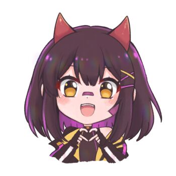 Rule 34 | 1girl, :d, bandaid, bandaid on face, bandaid on nose, bob cut, brown hair, chibi, chibi only, demon girl, demon horns, dot nose, double-parted bangs, facing viewer, fingerless gloves, gloves, hair ornament, hairclip, heart, heart hands, highres, horns, light blush, multicolored hair, open mouth, pale skin, rainhoe, red horns, short hair, simple background, single bare shoulder, smile, thick eyelashes, two-tone hair, virtual youtuber, wolfychu (artist), x hair ornament, yellow eyes