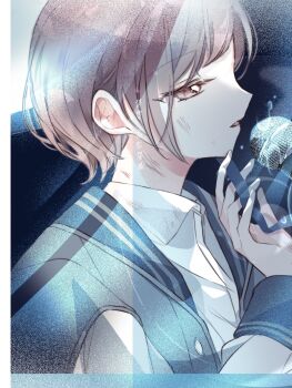 1girl bang_dream! bang_dream!_it&#039;s_mygo!!!!! blue_jacket blush brown_eyes collared_shirt commentary hashtag-only_commentary hazu_(aliceth) highres jacket microphone open_mouth shirt solo takamatsu_tomori translation_request upper_body white_shirt