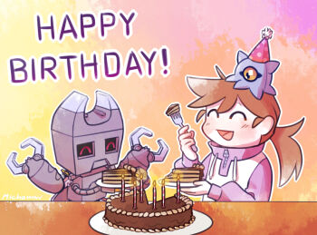 cake candle digimon digimon_(creature) food happy_birthday kokuwamon kuramon michamiw open_mouth smile