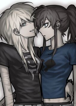 2girls arm_around_waist black_nails blue_eyes bracelet broken_heart_print brown_hair bugs_bug_me class_of_09 ear_piercing emily_(class_of_09) emo_fashion eye_contact eyelashes fang fingernails hand_on_another&#039;s_waist highres hug implied_yuri jewelry long_hair looking_at_another medium_hair midriff multiple_girls navel nicole_(class_of_09) open_mouth piercing self-harm shirt smile smiley_face teeth yuri