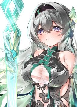 1girl alternate_costume arms_behind_back artist_name bare_shoulders black_hairband blush breasts china_dress chinese_clothes cleavage_cutout closed_mouth clothing_cutout commentary_request detached_sleeves dress firefly_(honkai:_star_rail) gradient_hair green_pupils grey_dress grey_hair hair_between_eyes hair_ornament hairband highres honkai:_star_rail honkai_(series) large_breasts long_hair multicolored_eyes multicolored_hair navel rakugamidesu simple_background sleeveless sleeveless_dress smile solo standing stomach two-tone_eyes underboob upper_body very_long_hair weapon white_background