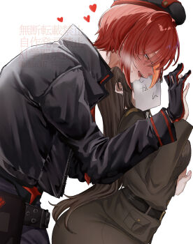 absurdres belt belt_buckle bibie307 black_belt black_gloves black_jacket black_pants blush breasts brown_hair brown_shirt brown_skirt buckle commander_(nikke) commentary_request ear_piercing genderswap genderswap_(ftm) genderswap_(mtf) gloves goddess_of_victory:_nikke heart highres jacket large_breasts leaning_forward long_sleeves looking_at_another open_clothes open_jacket pants paper_on_head piercing rapi_(nikke) rapi_(red_hood)_(nikke) red_eyes red_hair shirt simple_background skirt smile white_background zipper