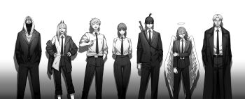 2girls 5boys absurdres angel_devil_(chainsaw_man) black_jacket black_necktie black_pants black_suit chainsaw_man closed_mouth collared_shirt cross-shaped_pupils demon_girl demon_horns denji_(chainsaw_man) feathered_wings formal_clothes hair_between_eyes halo hayakawa_aki highres horns in_(in_0907) jacket kishibe_(chainsaw_man) long_hair_between_eyes long_sleeves makima_(chainsaw_man) monochrome multiple_boys multiple_girls necktie pants plague_doctor_mask power_(chainsaw_man) ringed_eyes sharp_teeth shirt sidelocks sleeves_rolled_up smile stitched_face stitched_mouth stitches suit suit_jacket symbol-shaped_pupils teeth topknot traditional_halo violence_fiend_(chainsaw_man) white_background white_shirt wings