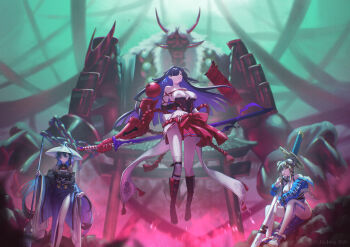 Rule 34 | 3girls, absurdres, armor, arms behind back, bare shoulders, bdsm, black choker, black gloves, black leotard, black socks, blue hair, blue jacket, bodystocking, bondage, bound, bound arms, braid, braided bun, breast curtains, breastplate, breasts, brown hair, bun cover, chaos zero nightmare, character request, chizuru (chaos zero nightmare), choker, cleavage, closed mouth, clothing cutout, commentary, cropped jacket, demon, double bun, dress, elbow gloves, floating, full body, gloves, gradient clothes, hair between eyes, hair bun, hair ornament, hair over one eye, hakama, hakama short skirt, hakama skirt, hat, highres, holding, holding staff, holding sword, holding weapon, huge weapon, jacket, japanese clothes, jingasa, jinjung b, kimono, knee armor, kneehighs, large breasts, leotard, long sleeves, looking at viewer, mechanical arms, medium breasts, mole, mole under eye, mole under mouth, mouth hold, multicolored hair, multiple girls, nontraditional miko, outdoors, pelvic curtain, purple eyes, purple hair, purple kimono, red hakama, red rope, restrained, rope, sandals, shibari, shield, shimenawa, short hair with long locks, side cutout, sidelocks, single mechanical arm, single thighhigh, sitting, skirt, socks, sprue, staff, stalk in mouth, standing, strapless, strapless dress, sword, thighhighs, torii, twitter username, weapon, white thighhighs, wide sleeves, yellow eyes, yuki (chaos zero nightmare)