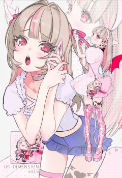 1girl alternate_costume applying_makeup applying_own_makeup aqua_nails bag ben-day_dots blonde_hair blue_skirt blunt_bangs blush cellphone character_charm character_doll charm_(object) choker closed_mouth colored_inner_hair cowboy_shot crop_top crying crying_with_eyes_open demon_wings doll dress earrings english_text fingernails flat_chest footwear_ribbon full_body furrowed_brow hair_intakes hair_ribbon hand_mirror handbag highres holding holding_brush holding_makeup_brush holding_mirror holding_phone iniooooo jewelry leaning_forward leg_ribbon leg_tattoo long_fingernails looking_ahead looking_at_mirror looking_at_viewer makaino_ririmu makeup makeup_brush mirror multicolored_hair multiple_views nijisanji o3o open_mouth outer_glow outline phone pink_dress pink_eyes pink_hair pink_nails pink_purse pink_ribbon pink_shoes pink_streaks platform_heels pointy_ears polka_dot polka_dot_dress pom_pom_(clothes) pom_pom_earrings puffy_short_sleeves puffy_sleeves red_wings ribbon screentones shirt shoes short_sleeves shoulder_bag sidelocks skirt smartphone standing stomach straight_hair stuffed_toy tareme tattoo tears thigh_ribbon thigh_strap two_side_up virtual_youtuber white_background white_choker white_shirt wings zoom_layer