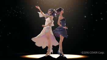 2girls absurdres arm_up azki_(hololive) black_hair commentary_request detached_sleeves dress earrings from_side full_body green_eyes high_heels highres hololive jewelry maoh_v multicolored_hair multiple_girls nipple_piercing open_hand outstretched_arm piercing pink_hair profile purple_eyes purple_hair shoes sleeveless standing tokoyami_towa two-tone_hair white_dress white_shoes