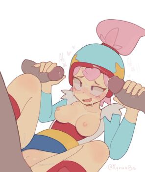 1boy 1girl brawl_stars breasts cleft_of_venus cum double_handjob handjob helmet hetero janet_(brawl_stars) long_sleeves lying makeup medium_breasts missionary naked_shirt nipples non-web_source nude on_back open_mouth penis pink_hair ponytail pussy red_footwear sex shirt short_shorts shorts simple_background spread_legs supercell_(band) sweat vaginal xyraabs