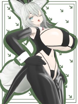 1girl animal_ears artist_self-insert blue_eyes breasts fox fox_ears fox_girl fox_tail grey_hair highres large_breasts looking_at_viewer navel non-web_source original playboy_bunny simple_background standing tail thighhighs underwear