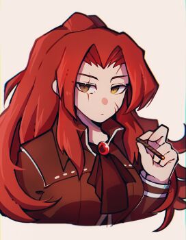 Rule 34 | 1girl, ascot, brooch, cigarette, closed mouth, coat, gebura (project moon), gem, grey eyes, hand up, heterochromia, high ponytail, highres, holding, holding cigarette, jewelry, library of ruina, long hair, long sleeves, looking at viewer, parted bangs, ponytail, project moon, red ascot, red coat, red gemstone, red hair, scar, scar on face, sidelocks, simple background, solo, surumenabe, upper body, very long hair, white background, yellow eyes