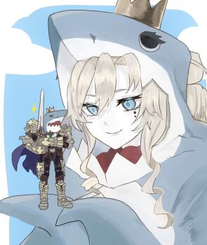 1boy 1girl animal_costume armor balmung_(fate) blue_cape blue_eyes cape closed_mouth commentary_request crown fate/grand_order fate_(series) hair_between_eyes highres holding holding_sword holding_weapon husband_and_wife kriemhild_(fate) kriemhild_(swimsuit_rider)_(fate) kriemhild_(swimsuit_rider)_(first_ascension)_(fate) kriemhild_(swimsuit_rider)_(second_ascension)_(fate) long_hair looking_at_another masteryakiniku mini_crown mini_person miniboy mole mole_under_eye multiple_moles official_alternate_costume pale_skin shark_costume siegfried_(fate) size_difference smile sword weapon