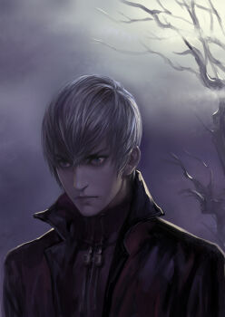 1boy bags_under_eyes bare_tree black_jacket closed_mouth commentary_request grey_eyes grey_sky hair_between_eyes ishida_mitsunari_(sengoku_basara) jacket kdash looking_ahead male_focus sengoku_basara short_hair sky solo tree upper_body