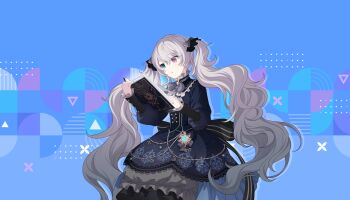 1girl 25-ji_miku aqua_eyes back_bow black_bow black_dress blue_background book bow colorful_palette dress game_cg grey_hair hair_between_eyes hair_ornament hatsune_miku heterochromia highres holding holding_book long_hair minasoko_ni_kage_wo_sagashite_(project_sekai) official_art open_book pink_eyes project_sekai solo striped_bow third-party_source triangle twintails very_long_hair vocaloid