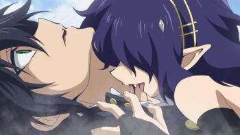 10s 2boys ahoge androgynous animated animated_gif ashuramaru bare_shoulders biting black_hair demon dress elbow_gloves fang fingerless_gloves gloves green_eyes hair_ornament hair_over_one_eye headband horns hyakuya_yuuichirou long_hair male_focus mind_break multiple_boys owari_no_seraph pointy_ears purple_hair screencap short_hair smile surprised trap vampire wavy_hair