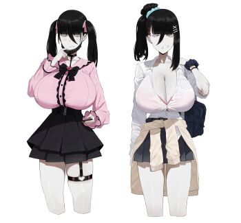 Rule 34 | 1girl, absurdres, amonjoo, asymmetrical hair, bag, black bow, black bowtie, black choker, black eyes, black hair, black mask, black nails, black skirt, blue scrunchie, blunt bangs, bow, bowtie, bra, bra peek, bra visible through clothes, bracelet, breast pocket, breasts, brown cardigan, cardigan, cardigan around waist, center frills, choker, cleavage, clenched teeth, clothes around waist, collared shirt, colored skin, commentary, cropped legs, dress shirt, earrings, frills, garter straps, grey skin, grimace, hair between eyes, hair ornament, hair ribbon, hair scrunchie, hairclip, heart, heart o-ring, high-waist skirt, highres, holding, huge breasts, jewelry, jirai kei, light blush, long sleeves, looking at viewer, mask, mask pull, mouth mask, multiple views, nail polish, narrow waist, o-ring, o-ring thigh strap, original, parallel hairclips, partially unbuttoned, pink bra, pink ribbon, pink shirt, pleated skirt, pocket, ribbon, sanpaku, school bag, school uniform, scrunchie, shirt, simple background, single garter strap, single sidelock, skirt, stud earrings, teeth, thigh strap, twintails, underwear, white background, white shirt, wrist scrunchie, x hair ornament